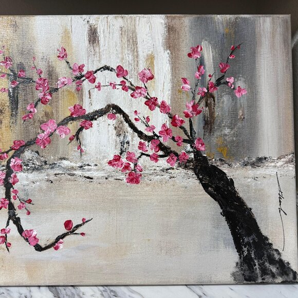 Original Cherry Blossom Oil Painting on Canvas - Signed Khanh Ha - 19.5